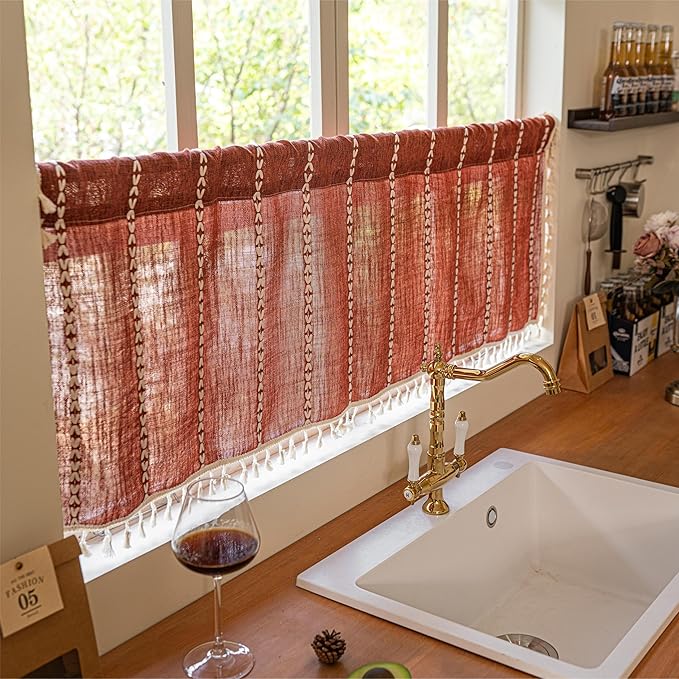 Sutuo Home Boho Short Curtains Valance for Cafe Doorway Closet, Light Filtering Linen French Country Shabby Window Treatment Bohemian Embroidery Drape, Rod Pocket 1 Panel 52" W x 36" L, Terracotta