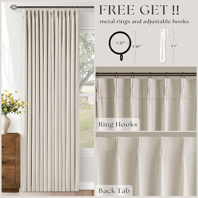 100 Inch Blackout Linen Curtains Pinch Pleated Back Tab Dual Layer Thermal Inslulated Room Darkening 100% Black Out Curtains 2 Panels for Sliding Glass Door Bedroom Living Cream Ivory Window Drapes