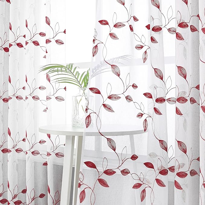 Tollpiz Burgundy Red Leaf Sheer Curtain Leaves Embroidered Bedroom Curtains Rod Pocket Voile Window Treatment for Living Room, 54 x 95 inches Long, Set of 2 Panels