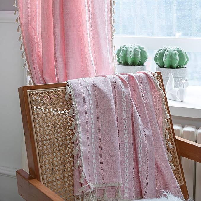 Sutuo Home Boho Curtain for Bedroom Living Room Nursery Kitchen, Light Filtering Country Farmhouse Vintage Chic Tassels Hollow Window Treatment Bohemian Drape, 1 Panel 52" W x 108" L, Pink