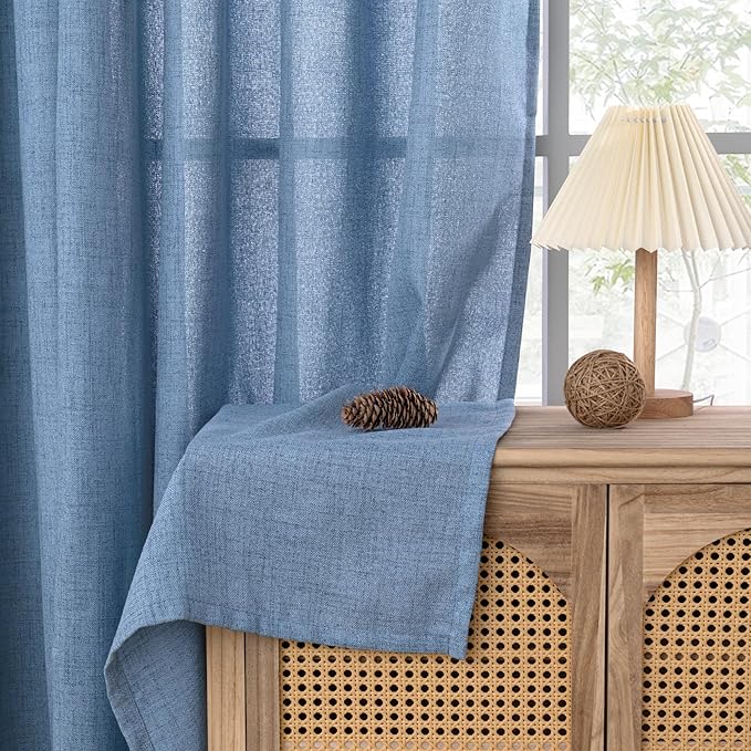 YoungsTex Denim Blue Linen Curtains 68 Inch Length for Living Room, Semi Sheer Light Filtering Window Drapes with Bronze Grommet Privacy for Farmhouse Bedroom, 52 x 68 Inch, 2 Panels