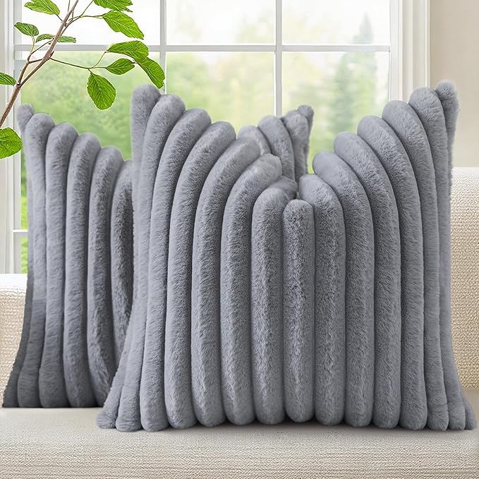 decorUhome Faux Fur Spring Throw Pillow Covers 24x24 Set of 2, Decorative Soft Plush Striped Neutral Couch Euro Sham Pillow Covers with Velvet Back for Sofa, Bed, Living Room Home, Grey