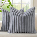 decorUhome Faux Fur Spring Throw Pillow Covers 24x24 Set of 2, Decorative Soft Plush Striped Neutral Couch Euro Sham Pillow Covers with Velvet Back for Sofa, Bed, Living Room Home, Grey