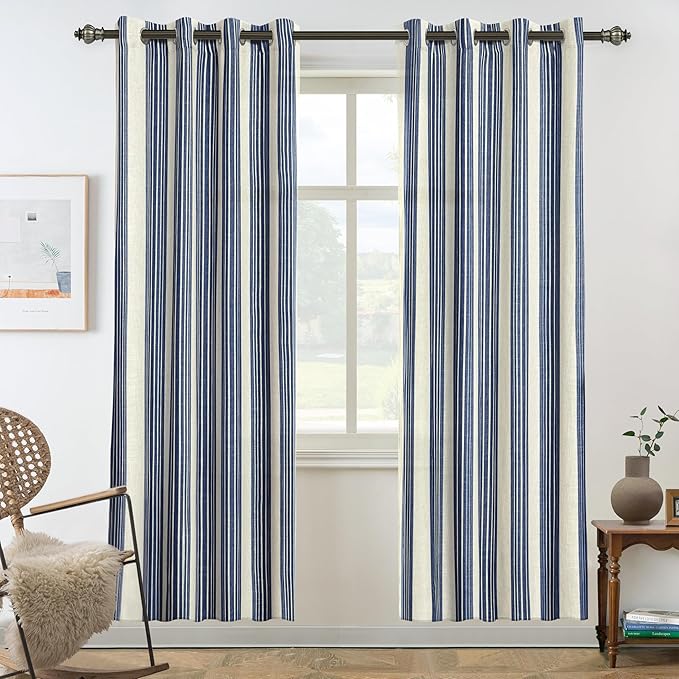 DriftAway Farmhouse Vertical Striped Linen Blend Textured Light Filtering Semi Sheer Curtains for Living Room Bedroom 72 Inches Long Drapes 2 Panels Broad Striped Dark Navy
