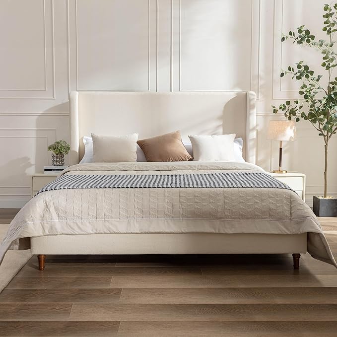 King Size Upholstered Bed Frame, Harper 54" Tall Headboard Platform Beds, Wingback Headboard Bedframes/No Box Spring Needed/Easy Assembly/Elegant Simplicit, Beige Boucle