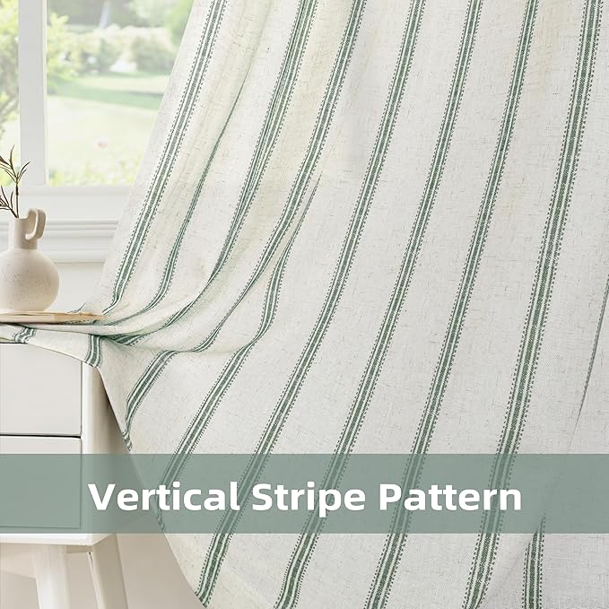 DriftAway Farmhouse Vertical Striped Linen Blend Textured Light Filtering Semi Sheer Curtains for Living Room Bedroom 96 Inches Long Drapes 2 Panels Linen Loden Green