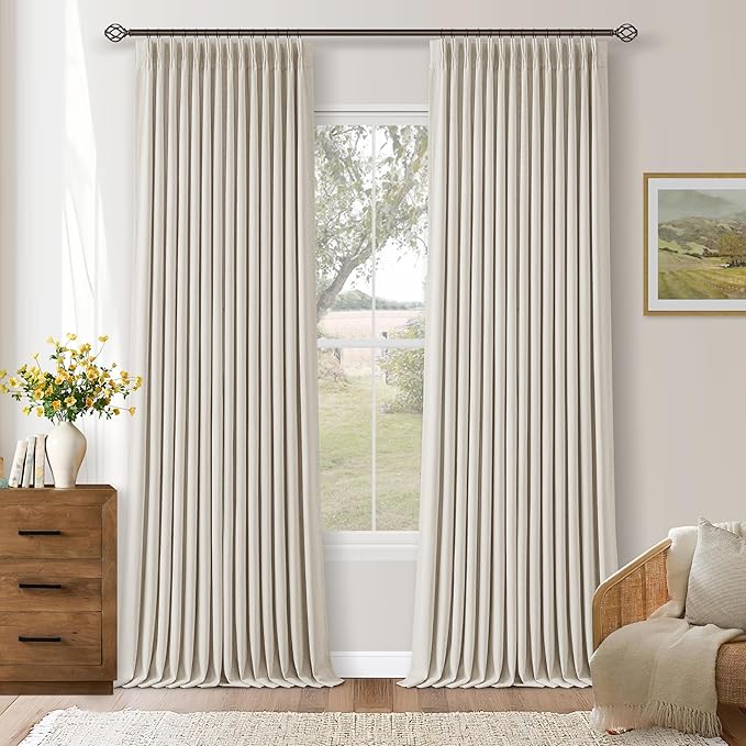 105 Inch Blackout Linen Curtains Pinch Pleat for Bedroom Living Room Darkening Neutral Pleated 100% Black Out Thermal Insulated Window Drapes Double Layer Soundproof Curtains 2 Panels Ivory Natural