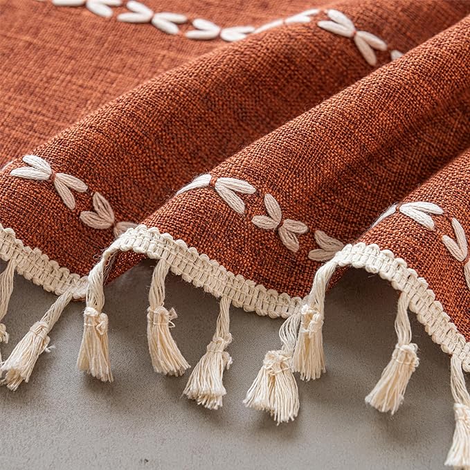 Sutuo Home Boho Window Curtains for Nursery Kid's Room, Burnt Orange Light Filtering Linen Farmhouse Privacy Window Treatment Bohemian Embroidery Strips, Rod Pocket 1 Panel 52" W x 72" L, Terracotta