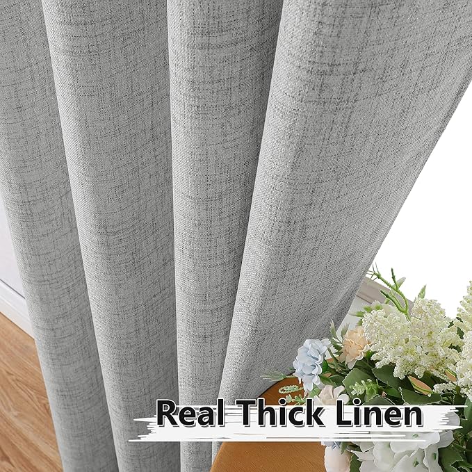 Tollpiz Short Linen Curtains Bedroom Rod Pocket Semi Sheer Curtain Burlap Light Filtering Thick Linen Drapes for Living Room, 38 x 45 inches Long, Silver Grey, Set of 2 Panels