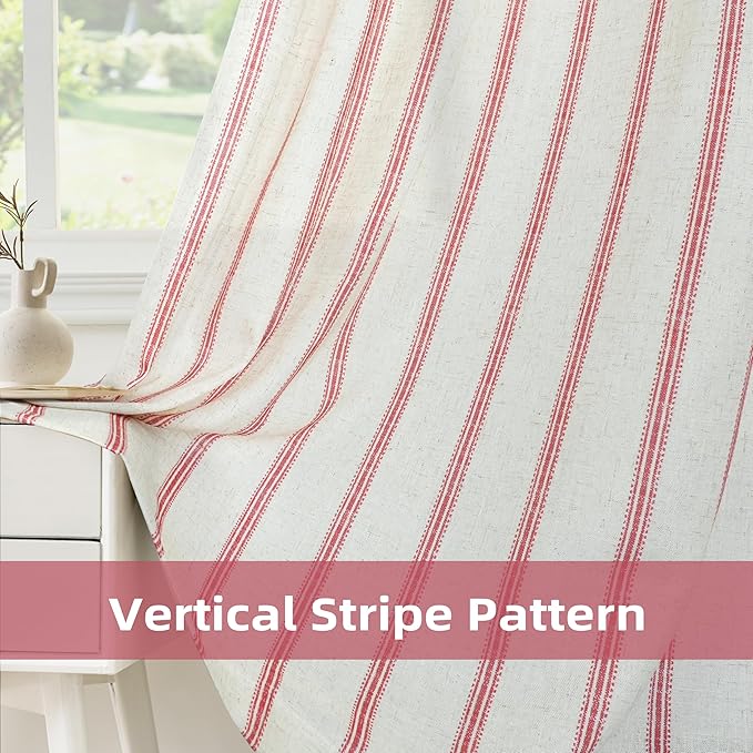 DriftAway Farmhouse Vertical Striped Linen Blend Textured Light Filtering Semi Sheer Curtains for Living Room Bedroom 84 Inches Long Drapes 2 Panels Linen Red