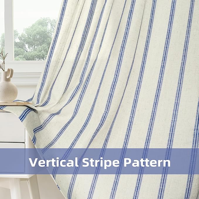 DriftAway Farmhouse Vertical Striped Linen Blend Textured Light Filtering Semi Sheer Curtains for Living Room Bedroom 84 Inches Long Drapes 2 Panels Linen Navy