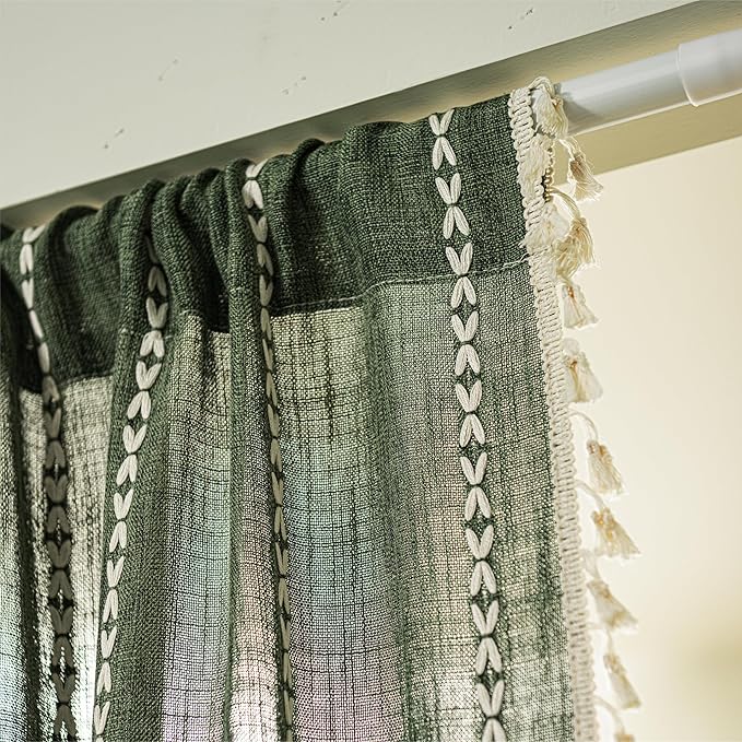 Sutuo Home Boho Door Curtains for Doorway Patio, Bohemian Linen Tassles Light Filtering Christmas Temporary Room Privacy Dividers For Bedroom Living Room, Rod Pocket 1 Panel 37" W x 80" L, Olive Green