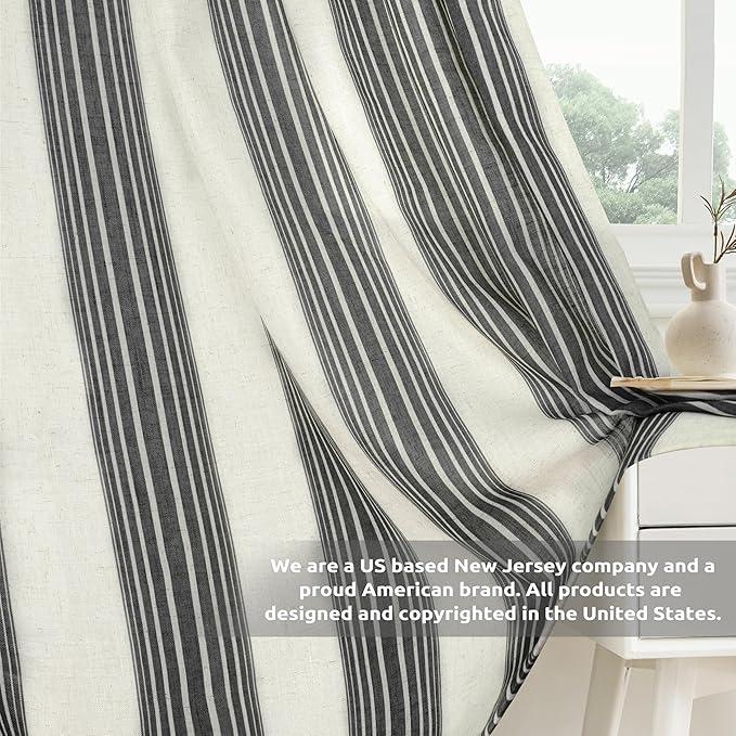 DriftAway Farmhouse Vertical Striped Linen Blend Textured Light Filtering Semi Sheer Curtains for Living Room Bedroom 84 Inches Long Drapes 2 Panels Broad Striped Linen Black