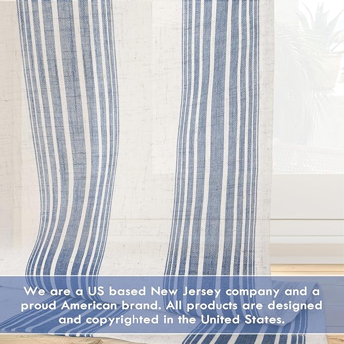 DriftAway Farmhouse Vertical Striped Linen Blend Textured Light Filtering Semi Sheer Curtains for Living Room Bedroom 84 Inches Long Drapes 2 Panels Broad Striped Jean Navy