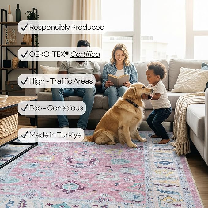 Fame Rugs Pink Modern Oushak Rug 6x9, Vintage Turkish Colorful Oriental Antique Inspired Washable Large Area Rugs, Luxury Living Room Bedroom (385PB, 6' x 9')