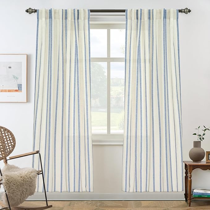 DriftAway Farmhouse Vertical Striped Linen Blend Textured Light Filtering Semi Sheer Curtains for Living Room Bedroom 72 Inches Long Drapes 2 Panels Linen Navy