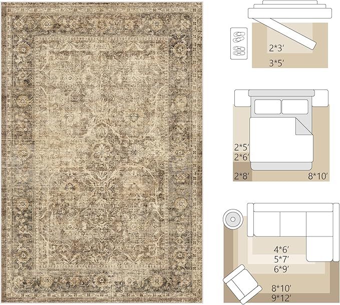 Fmfunctex 3x7 Runner Rug Brown Washable Vintage Neutral Distressed Non Slip Low Pile Indoor Carpet Soft Retro Floral Hallway Entryway Rug for Kitchen Living Room Bedroom Bathroom Laundry Entry Bedside