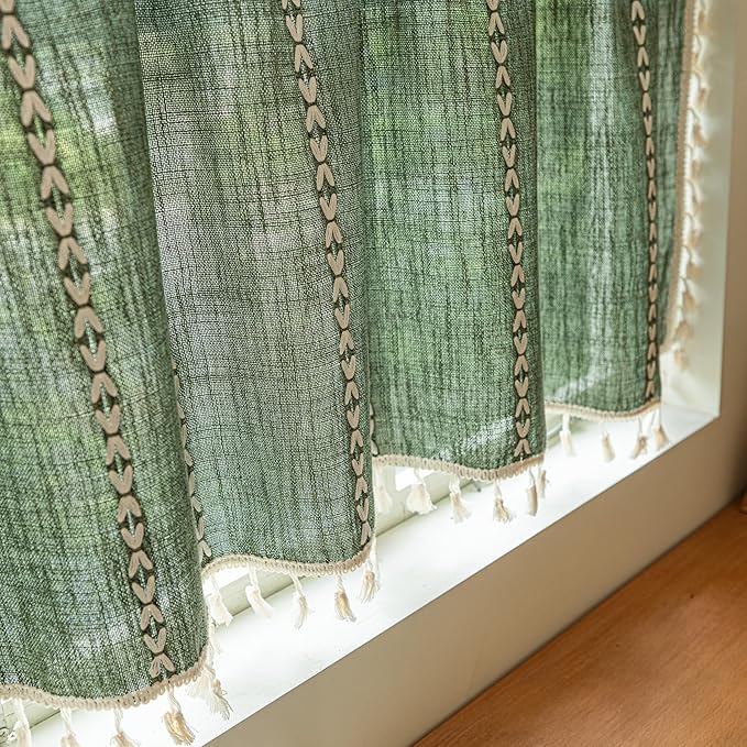 Sutuo Home Boho Valance Short Curtains Tier for Windows Cafe Closet, Bohemian Linen Farmhouse Tassels Light Filtering Window Treatment Embroidery Drape Rod Pocket 1 Panel 52" W x 36" L Olive Green