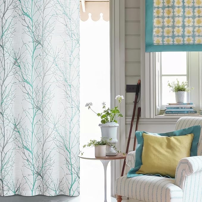 FMFUNCTEX Linen Semi Sheer Curtains for Bedroom, Auqa Blue White Curtains 63 Inches Long for Living Room, Grey Tree Branch Patterned Curtain Light Filtering Window Drapes, Grommet Top 2 Panels