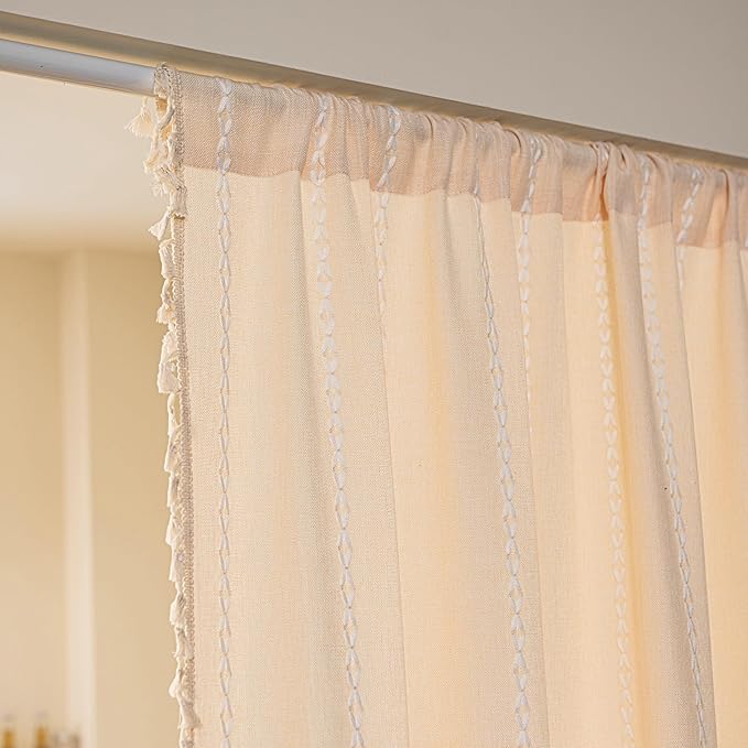 Sutuo Home Boho Sliding Door Curtains, Bohemian Semi Blackout Curtains Tassels Privacy Embroidery Stripes Decor Temporary Room Dividers for Door Window Hallway,Rod Pocket 1 Panel 37" W x 80" L,Beige
