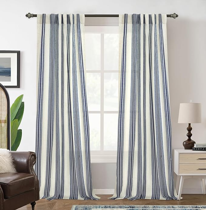 DriftAway Farmhouse Vertical Striped Linen Blend Textured Light Filtering Semi Sheer Curtains for Living Room Bedroom 84 Inches Long Drapes 2 Panels Broad Striped Linen Dark Blue