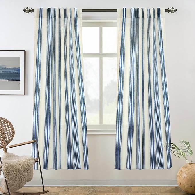 DriftAway Farmhouse Vertical Striped Linen Blend Textured Light Filtering Semi Sheer Curtains for Living Room Bedroom 63 Inches Long Drapes 2 Panels Broad Striped Linen Jean Navy