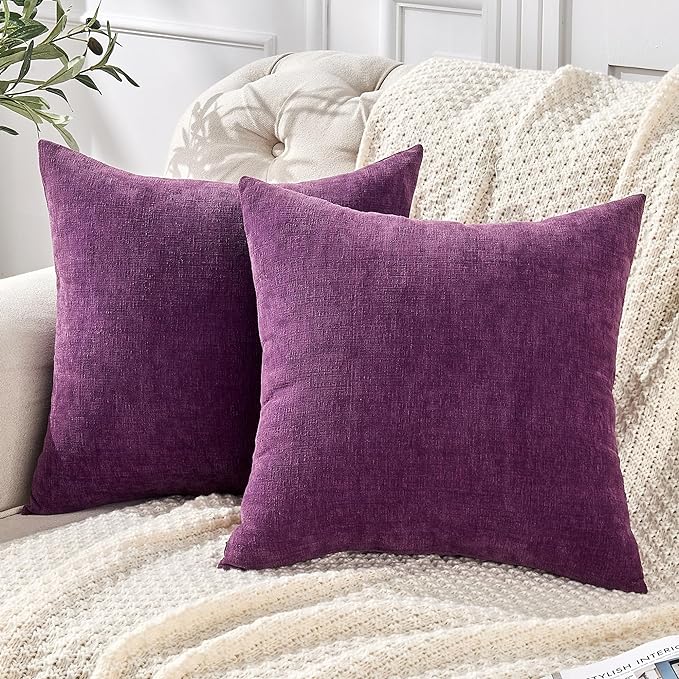 GAWAMAY Decorative Square Throw Pillow Covers 20"x20" Inch Set of 2, Super Soft Chenille Pillows Farmhouse Fall Pillowcase for Living Room Bedroom Sofa Couch Cushion Cover Purple 50x50cm (No Insert)