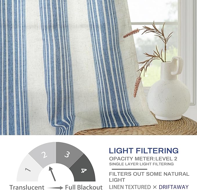 DriftAway Farmhouse Vertical Striped Linen Blend Textured Light Filtering Semi Sheer Curtains for Living Room Bedroom 120 Inches Long Drapes 2 Panels Broad Striped Linen Jean Navy