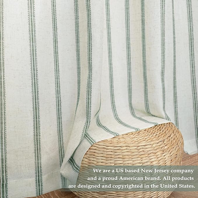 DriftAway Farmhouse Vertical Striped Linen Blend Textured Light Filtering Semi Sheer Curtains for Living Room Bedroom 96 Inches Long Drapes 2 Panels Linen Loden Green