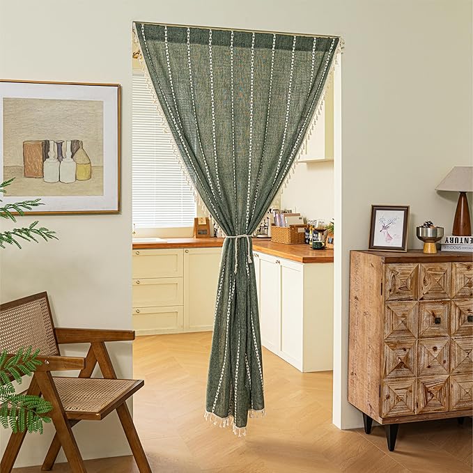 Sutuo Home Boho Door Curtains for Doorway Patio, Bohemian Linen Tassles Light Filtering Christmas Temporary Room Privacy Dividers For Bedroom Living Room, Rod Pocket 1 Panel 37" W x 80" L, Olive Green