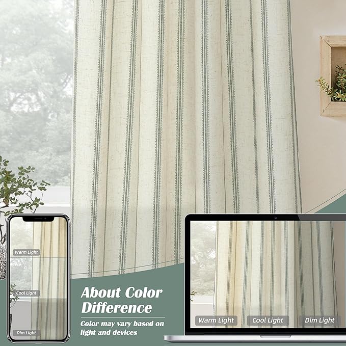 DriftAway Farmhouse Vertical Striped Linen Blend Textured Light Filtering Semi Sheer Curtains for Living Room Bedroom 108 Inches Long Drapes 2 Panels Linen Loden Green