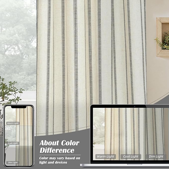 DriftAway Farmhouse Vertical Striped Linen Blend Textured Light Filtering Semi Sheer Curtains for Living Room Bedroom 63 Inches Long Drapes 2 Panels