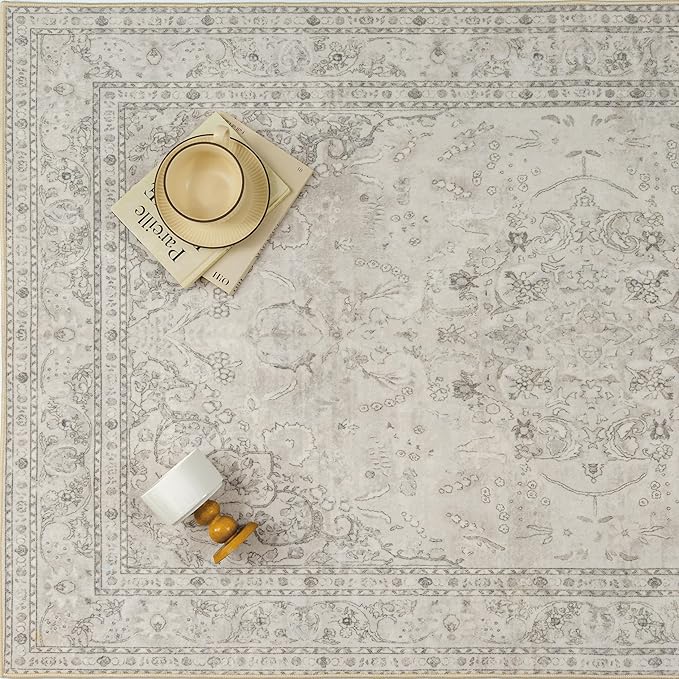 Beige 2x3 Area Rug Washable Vintage Small Carpet for Entryway Kitchen Soft Retro Floral Low Pile Thin Door Mat Non Slip Central Medallion Throw Rug for Bathroom Office Bedroom Dining Room