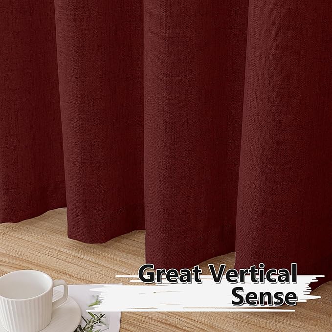 Tollpiz Linen Curtains Bedroom Rod Pocket Semi Sheer Curtain Burlap Light Filtering Thick Linen Drapes for Living Room, 54 x 84 inches Long, Burgundy Red, Set of 2 Panels