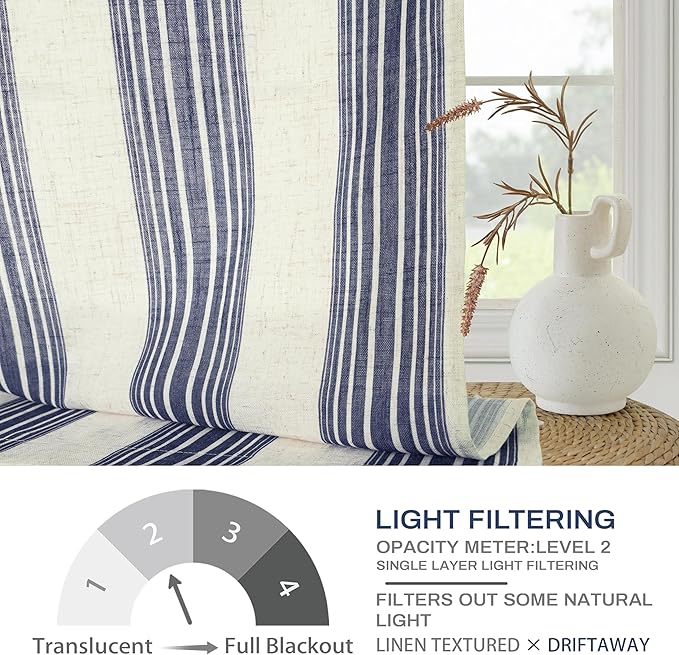 DriftAway Farmhouse Vertical Striped Linen Blend Textured Light Filtering Semi Sheer Curtains for Living Room Bedroom 63 Inches Long Drapes 2 Panels Broad Striped Dark Navy