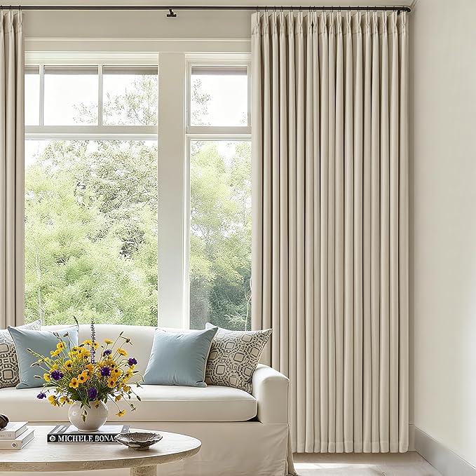 70 Inch Extra Wide 100% Blackout Curtain 84 Inches Long for Living Room Pinch Pleated Thick Linen Oatmeal Beige Thermal Drapes Back Tab Room Darkening Black Out for Bedroom Large Window 70x84 1 Panel