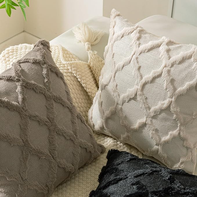 Set of 2 Soft Moroccan Throw Pillow Covers 18x18 Inch Plush Boho Decorative Pillow Cover Accent Cushion Case for Couch Sofa Bed, Beige