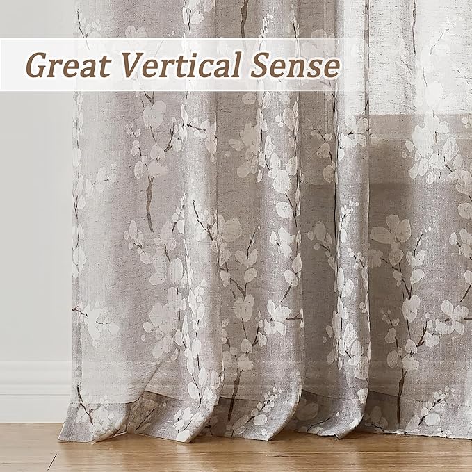 Fmfunctex Linen Sheer Curtains for Bedroom, Tan White Blossom Print Curtains 63 Inch Length for Living Room, Taupe Floral Patterned Farmhouse Curtain Light Filtering Window Drapes 2 Panels, Rod Pocket
