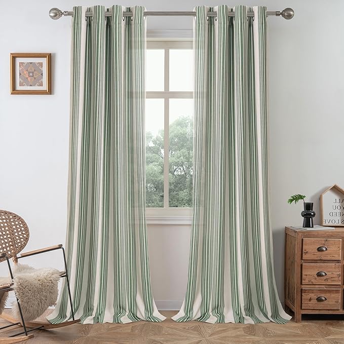 DriftAway Farmhouse Vertical Striped Linen Blend Textured Light Filtering Semi Sheer Curtains for Living Room Bedroom 96 Inches Long Drapes 2 Panels Broad Striped Loden Green