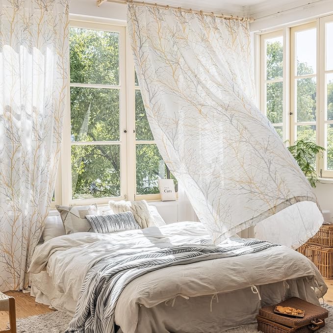 FMFUNCTEX Linen Semi Sheer Curtains for Bedroom, Yellow White Curtains 72 Inches Long for Living Room, Grey Tree Branch Print Curtain Light Filtering Farmhouse Window Drapes, Grommet Top 2 Panels