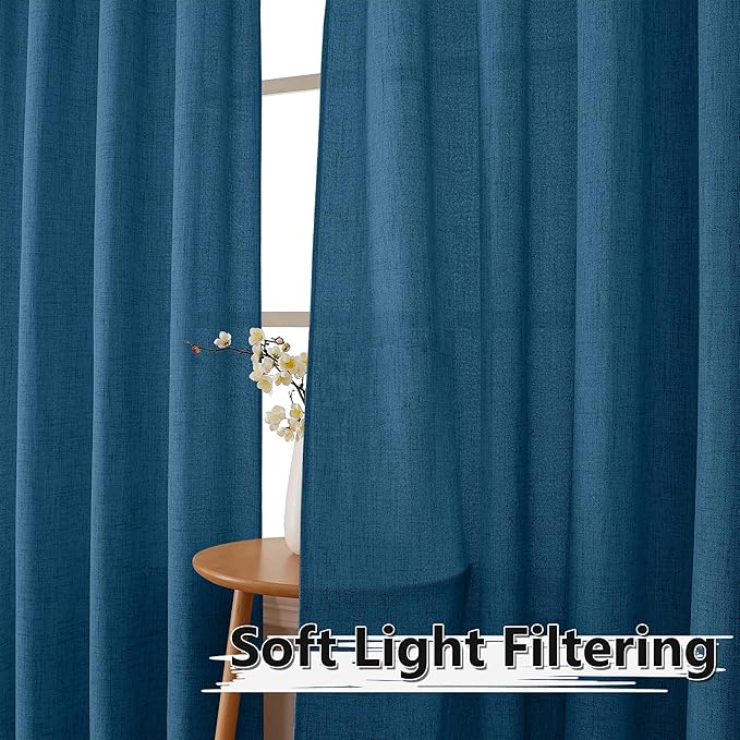 Tollpiz Short Linen Curtain Living Room Rod Pocket Semi Sheer Curtains Burlap Light Filtering Thick Linen Drape for Bedroom, 54 x 45 inches Long, Classic Blue, Set of 2 Panels