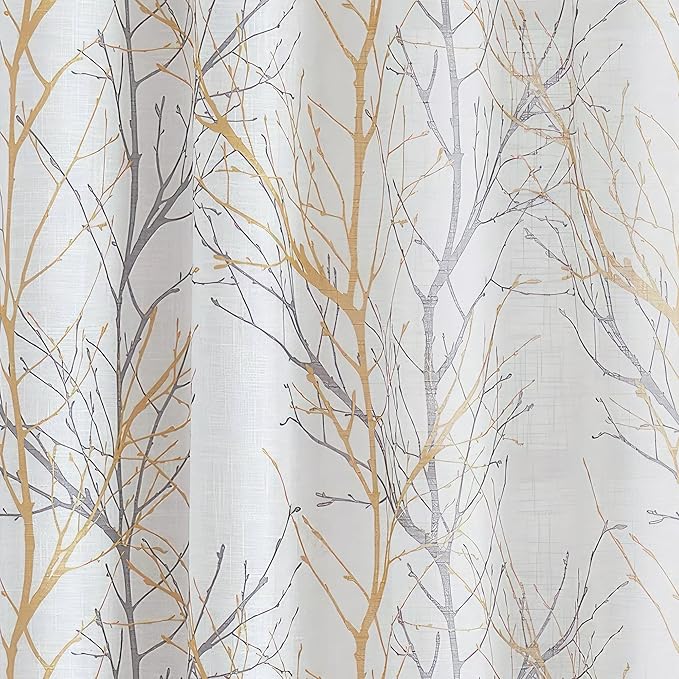 FMFUNCTEX Linen Semi Sheer Curtains for Bedroom, Yellow White Curtains 96 Inches Long for Living Room, Grey Tree Branch Print Curtain Light Filtering Farmhouse Window Drapes, Grommet Top 2 Panels