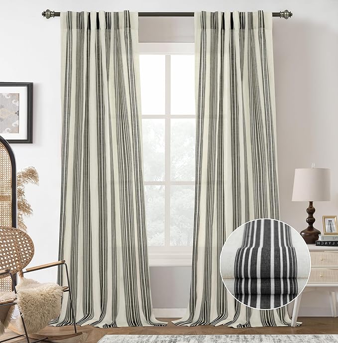 DriftAway Farmhouse Vertical Striped Linen Blend Textured Light Filtering Semi Sheer Curtains for Living Room Bedroom 96 Inches Long Drapes 2 Panels Broad Striped Linen Black