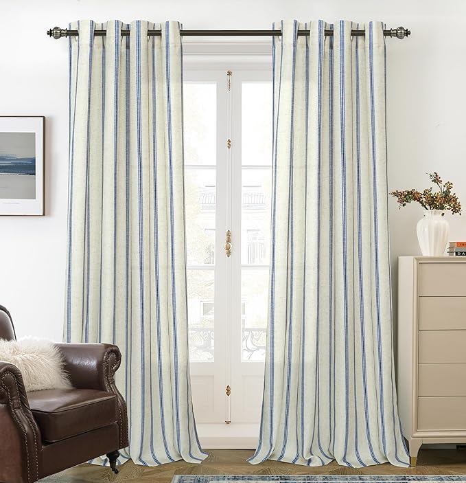 DriftAway Farmhouse Vertical Striped Linen Blend Textured Light Filtering Semi Sheer Curtains for Living Room Bedroom 96 Inches Long Drapes 2 Panels