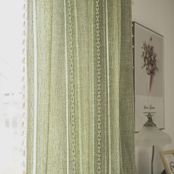 Sutuo Home Boho Curtain for Bedroom Living Room Nursery, Semi-Blackout French Country Farmhouse Vintage Linen Shabby Chic Tassels Hollow Window Treatment Bohemian Drape, 1 Panel 52" W x 72" L, Green