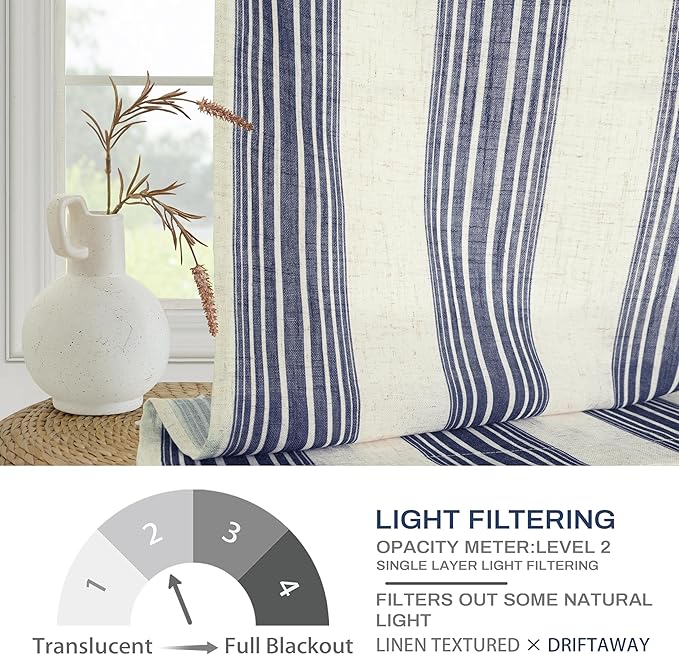 DriftAway Farmhouse Vertical Striped Linen Blend Textured Light Filtering Semi Sheer Curtains for Living Room Bedroom 84 Inches Long Drapes 2 Panels Broad Striped Dark Navy