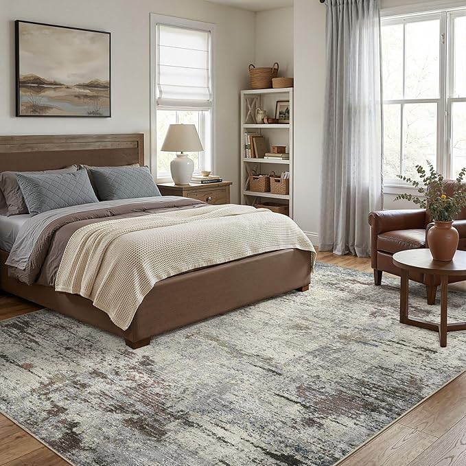 Area Rug Living Room Rugs - 10x14 Washable Large Soft Indoor Neutral Modern Abstract Low Pile Rug Carpet for Bedroom Dining Room Farmhouse Home Office - Brown Rust