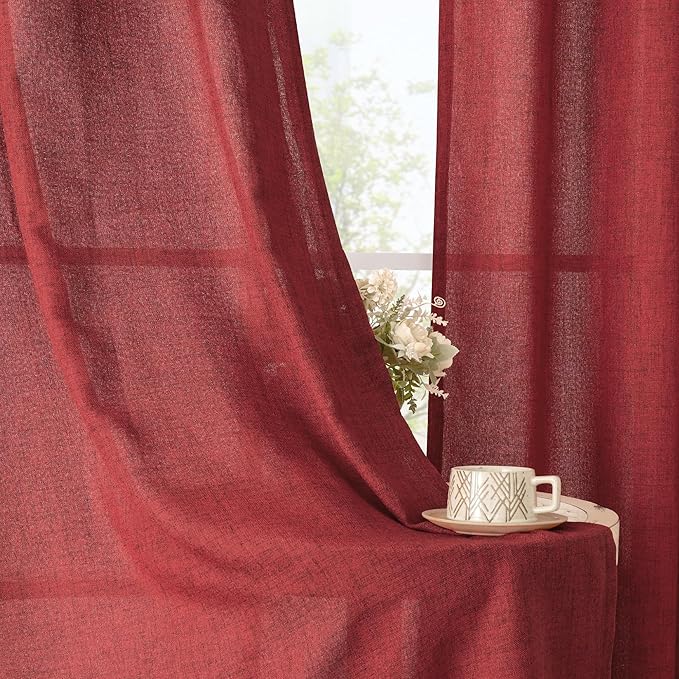YoungsTex Red Linen Curtains 102 Inch Length for Living Room, Light Filtering Semi Sheer Drapes with Bronze Grommet Privacy for Bedroom Windows, 52 x 102 Inch, 2 Panels