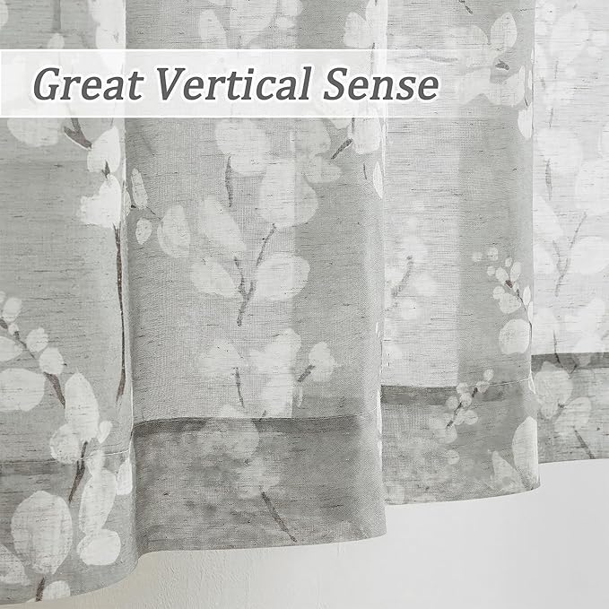 FMFUNCTEX Linen Sheer Curtains for Bedroom, Grey White Blossom Print Curtains 96 Inches Long for Living Room,Floral Patterned Farmhouse Curtain Light Filtering Window Drapes 2 Panels, Rod Pocket