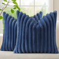 decorUhome Faux Fur Spring Throw Pillow Covers 24x24 Set of 2, Decorative Soft Plush Striped Neutral Couch Euro Sham Pillow Covers with Velvet Back for Sofa, Bed, Living Room Home, Blue